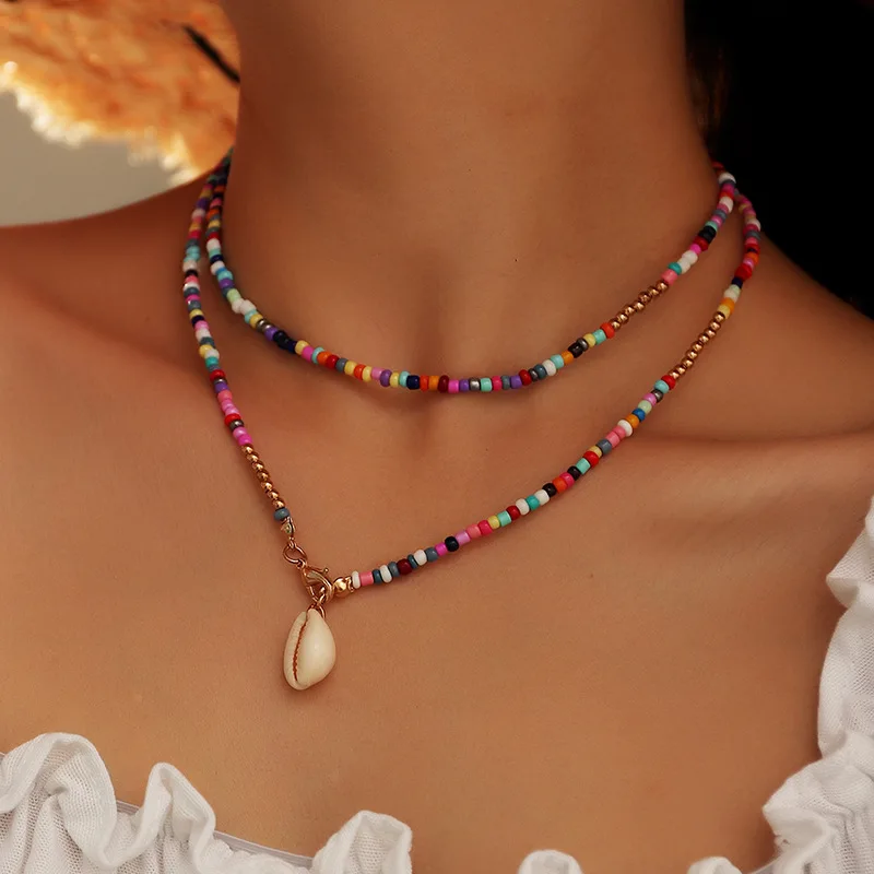 

Trendy Gold Bohemian Colorful Seed Beaded Shell Choker Necklace for Women