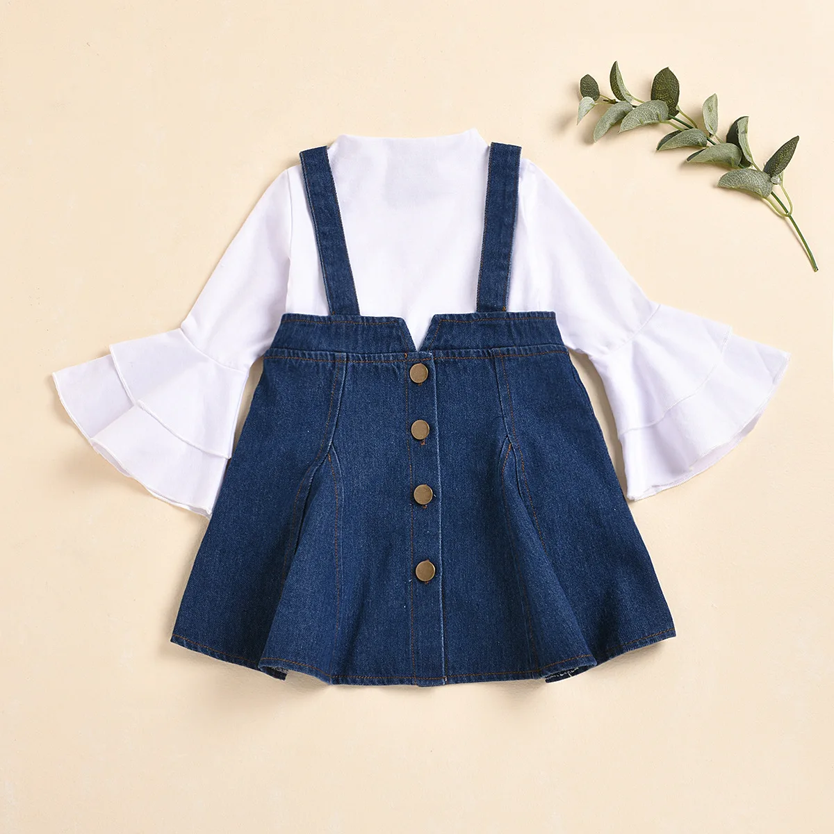 

lyc-3814 Baby girls denim button strap a-line skirt + cotton lotus leaf Flared long sleeve Bottoming Shirt blouse suit