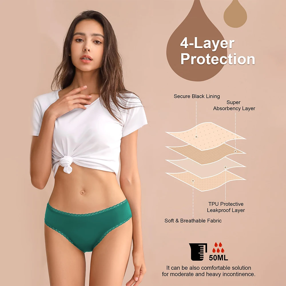 Shanhao Menstrual Panties Cotton Leakproof Low Waist Lace 4-Layer Heavy Flow Nylon Bikini Style for Heavy Periods