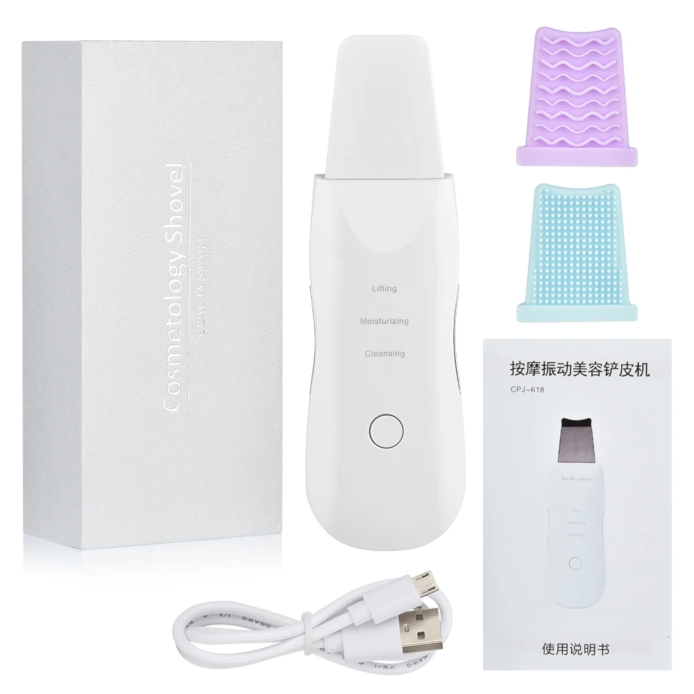 

Waterproof Home Spa Peeling Pores Dirt Spatula Ultrasonic Facial Skin Scrubber with Silicone Brush Heads
