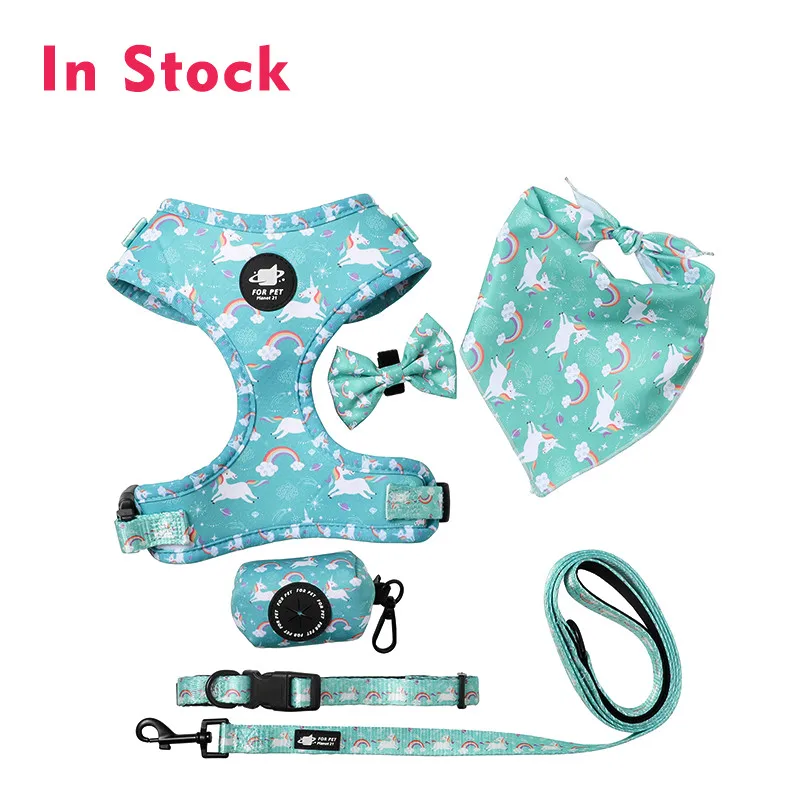 

High quality Soft No Pull Pet Adjustable Reversible Designer Dog Harness Leash Collar poo bag holder Set, Muti-color