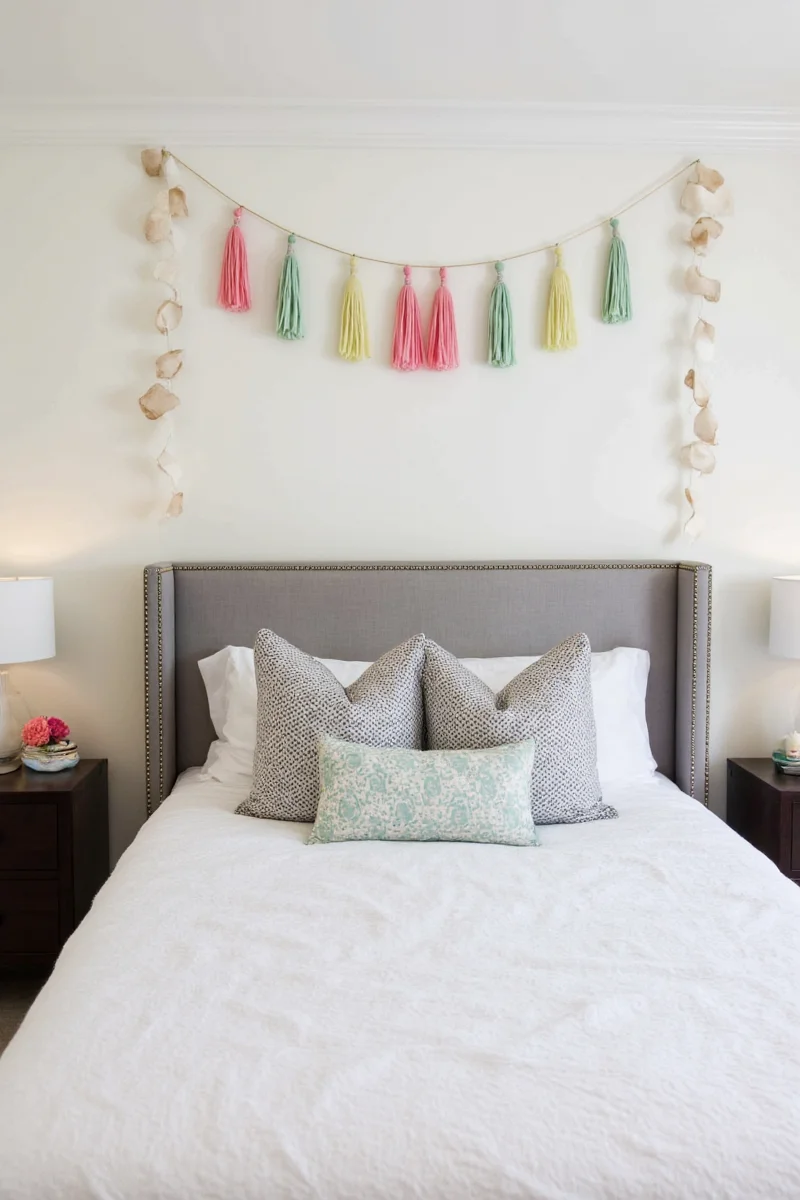 Family sitting together in cozy bedroom with decorated wall above bed