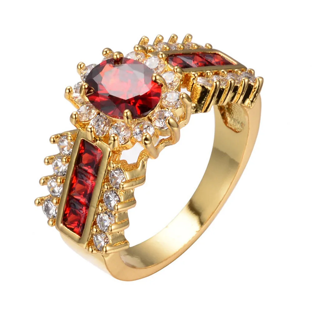 

Handmade 2021 Fashion Women's Wedding Red Crystal CZ Gold Color Ruby Ring Wholesale, As pic shown