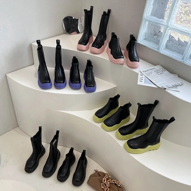 

2021 winter women chunky heel ankle boots thick soles height increase chelsea shoes female platform rain snow women boots, Green, purple, pink, black