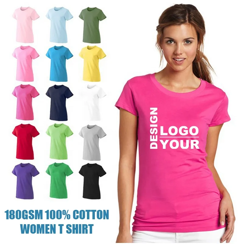 

180gsm 100% Cotton Customized Logo Printed Blank tshirts Wholesale Plain Women T Shirt
