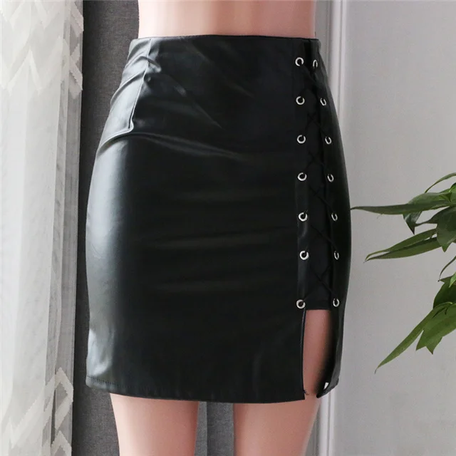 

2021 Sexy Black Strappy Hem Split Hem Slim Street Wear PU Leather Short Skirt