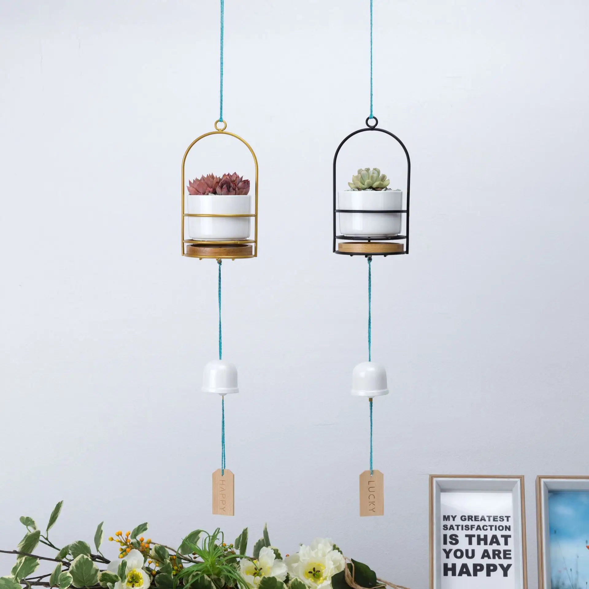 

Circular wind chime bamboo support wishing brand combination succulent ceramic flower pot iron frame hanging pots set, White