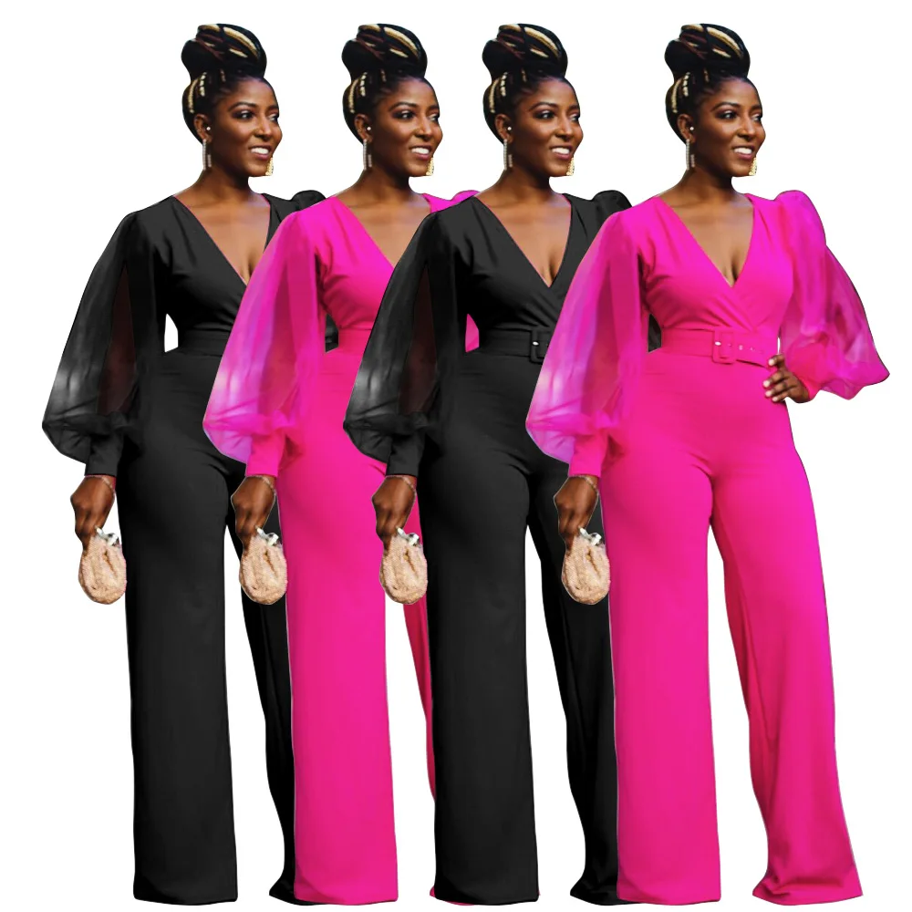 

FM-A6609 Dropship women fall clothing solid deep v-neck puff sleeve sexy jumpsuit, As pictures