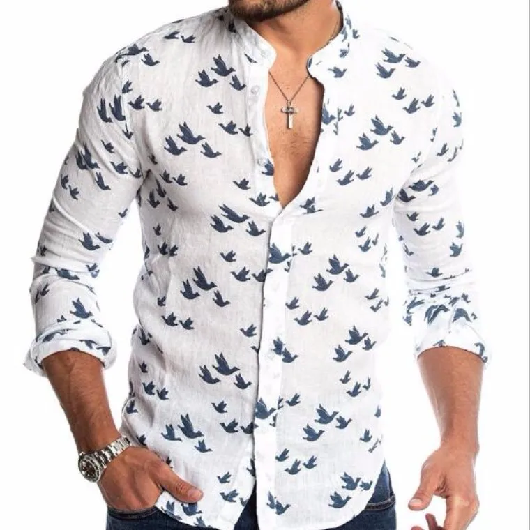 

Allover prints Long Sleeve Men's Shirt 3D Linen Colorblock Collar Printing Shirt