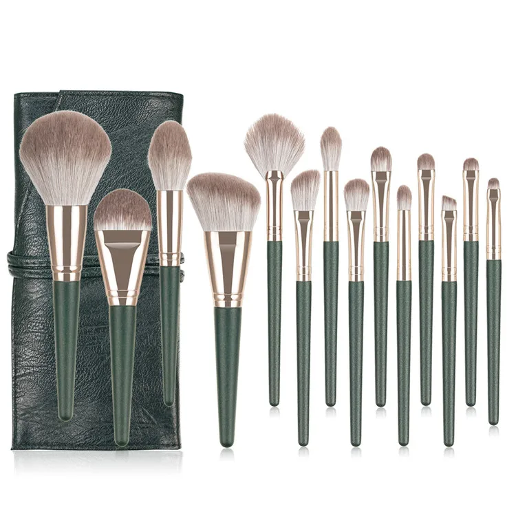 

2020 14PCS Professional Luxury Own Logo New Green Brush Set Makeup Kit Private Label Cosmetics Brush Sets OEM With Bag