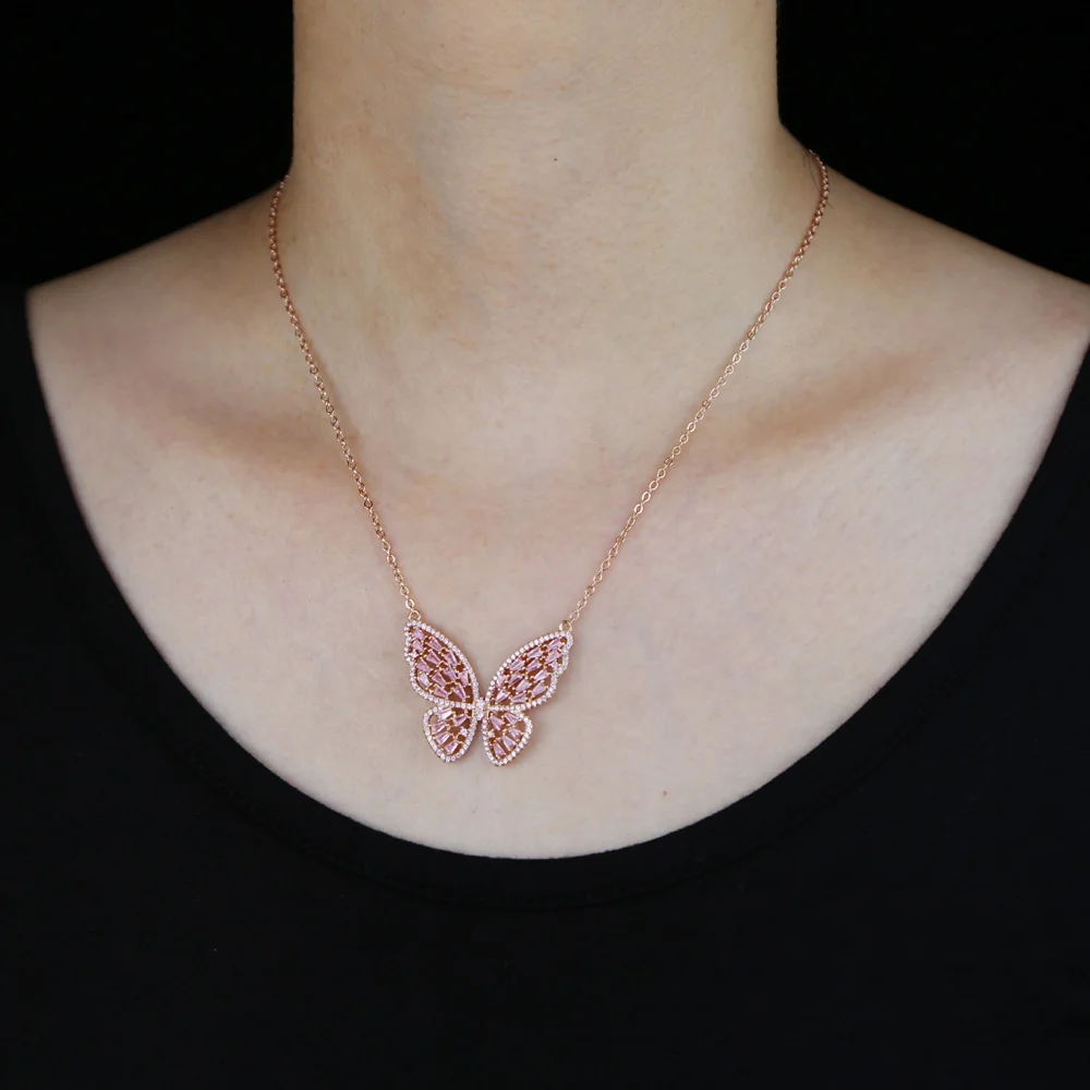 

iced out bling butterfly pendant necklace gold silver color clear cz paced cute animal romantic statement fashion women jewelry, Black