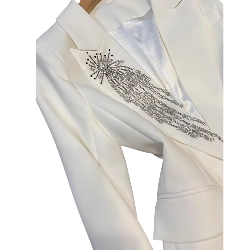 Elegant Style Lady Fine Workmanship Rhinestone Beading Office Wear Single Buttons Long Sleeve Women White Blazer