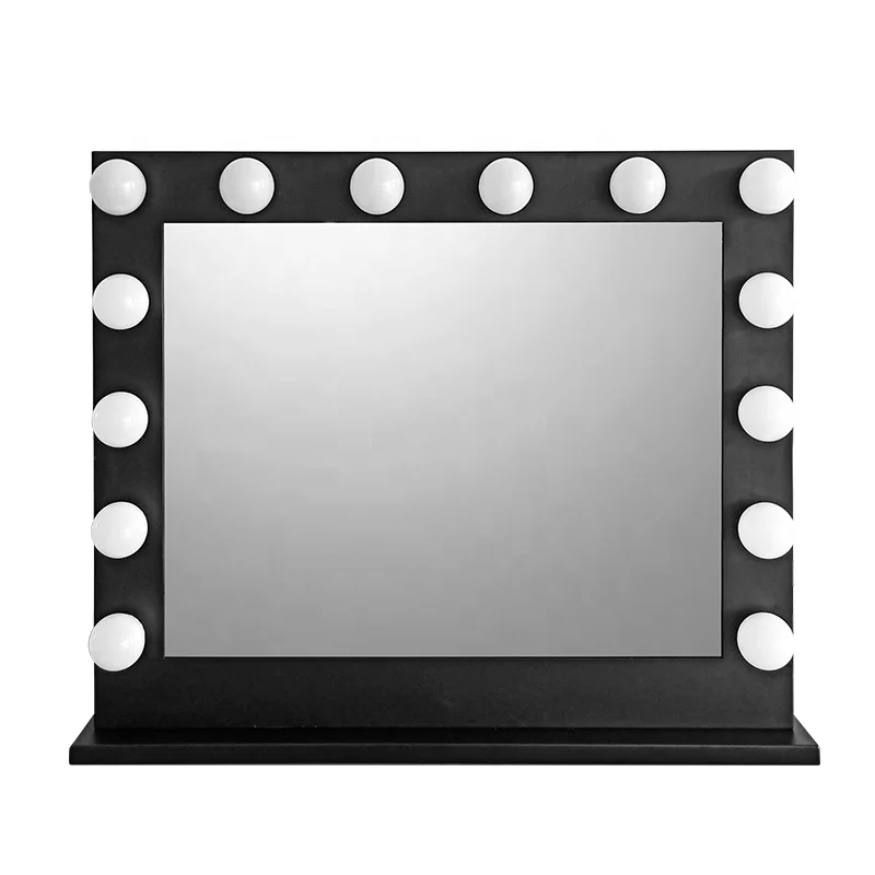 

Wholesale custom Black design Hollywood bulb desktop vanity led with light USB makeup mirror, White