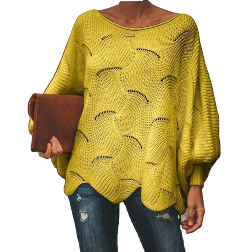 

Quality New Women Knitted Bat Shirt Long Sleeve Hollow Top Sweater Pullover, White, pink, yellow, gray, black, blue