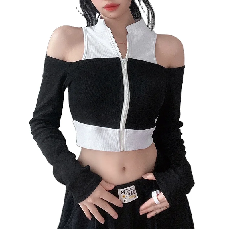

Autumn 2021 New Contrasting Color Zipper Strapless Lapel Long-sleeved Short T-shirt Crop Top Women Clothing, Customized color