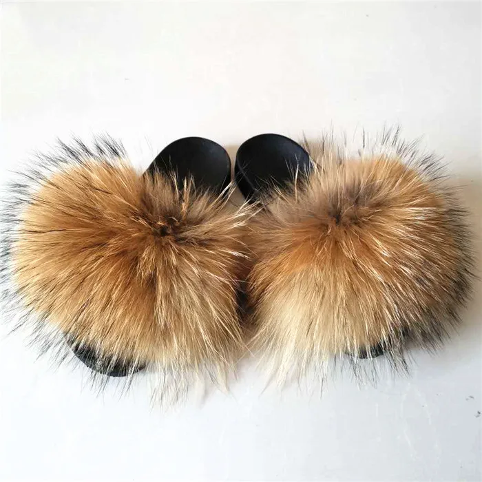 

Factory Direct wholesale slippers fur with logo fur slides racoon fur slippers and fanny