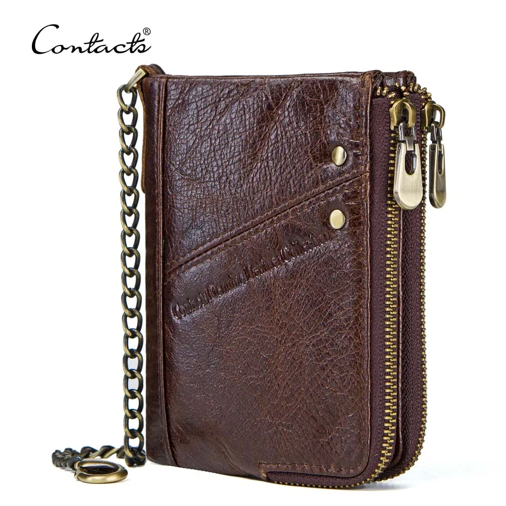 

dropship contact's wholesale retro casual rifd blocking double side zipper pocket men genuine leather black wallet with chain, Coffee/ brown/black/custom colors accepted