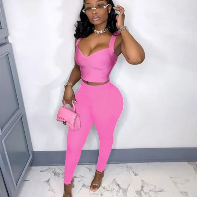 

X02875C Sexy 2 Piece Set Club Birthday Outfits for Women solid color crop tops trousers Matching Sets, Black