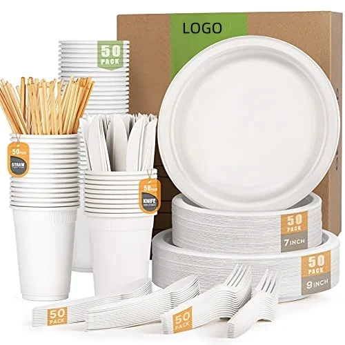 10000PCS Luxury Bagasse Compostable Disposable Plates Cups Straws Set-Eco-friendly Microwave Safe for Weddings/Parties