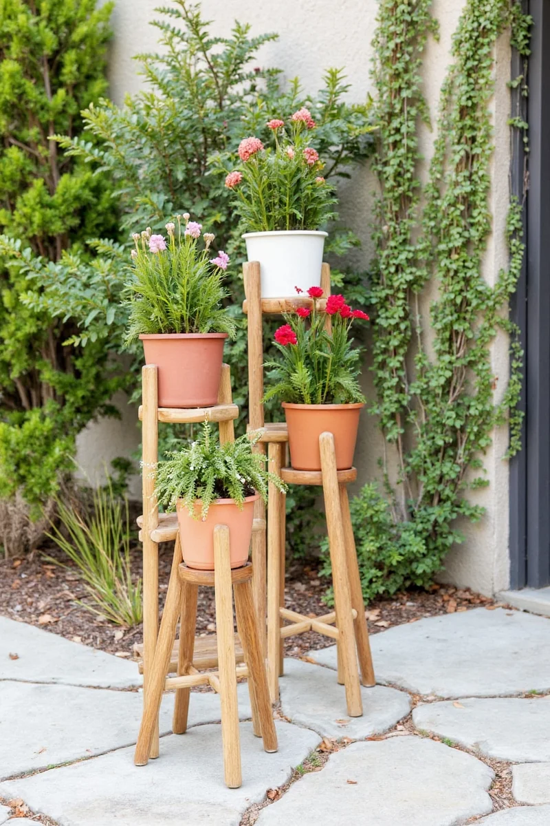 Keter Resin Rolling Plant Cart with casters on a backyard patio, holding a variety of potted herbs and flowers near a playful puppy