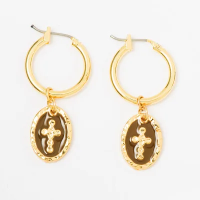 

Latest Arrival 14K Gold Plated Disc Dangle Circle Earrings Cross Pattern Coin Drop Earrings for Girls