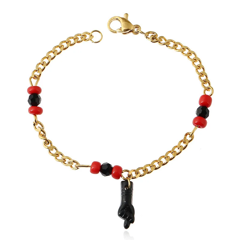 

New Red Black Beaded With Small Hand Baby Child Anklet Titanium Steel Gold Color Charms Anklet Jewelry, As shown