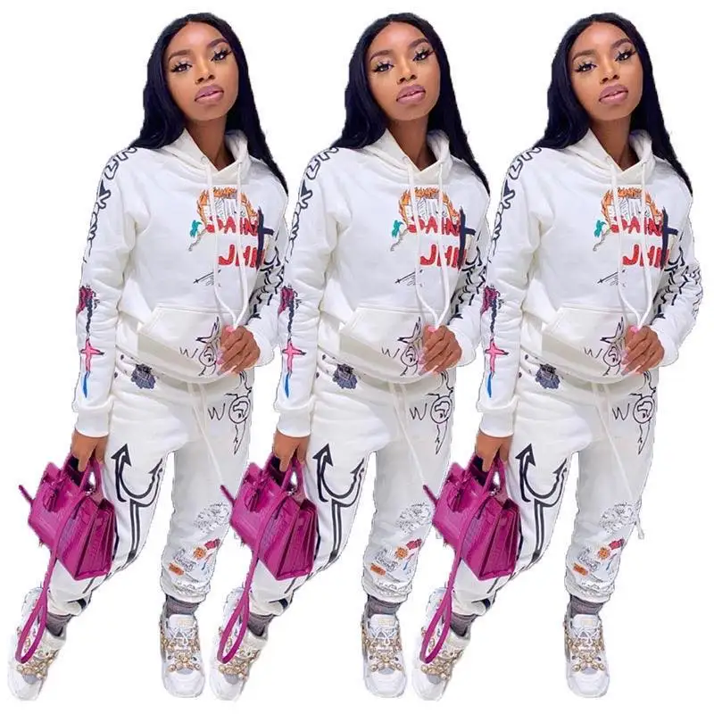 

2020 fall fashion graffiti two piece set women clothing high street hoodies with joggers outfit casual sports wear, 3 color as picture