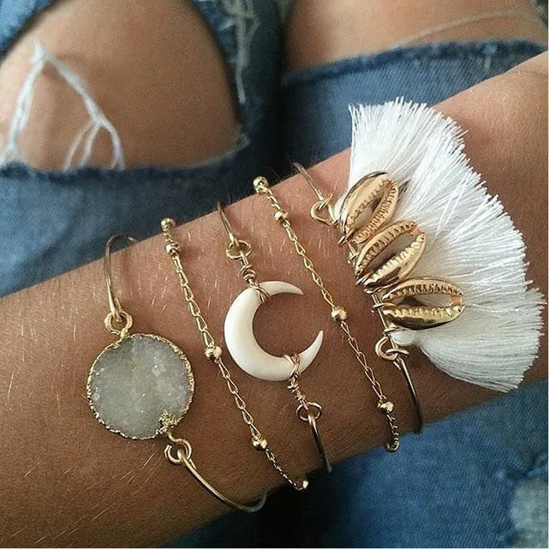 

Boho white crystal druzy natural stone crescent moon gold women female tassel bracelet bangle cuff beaded chain bracelet set, Picture