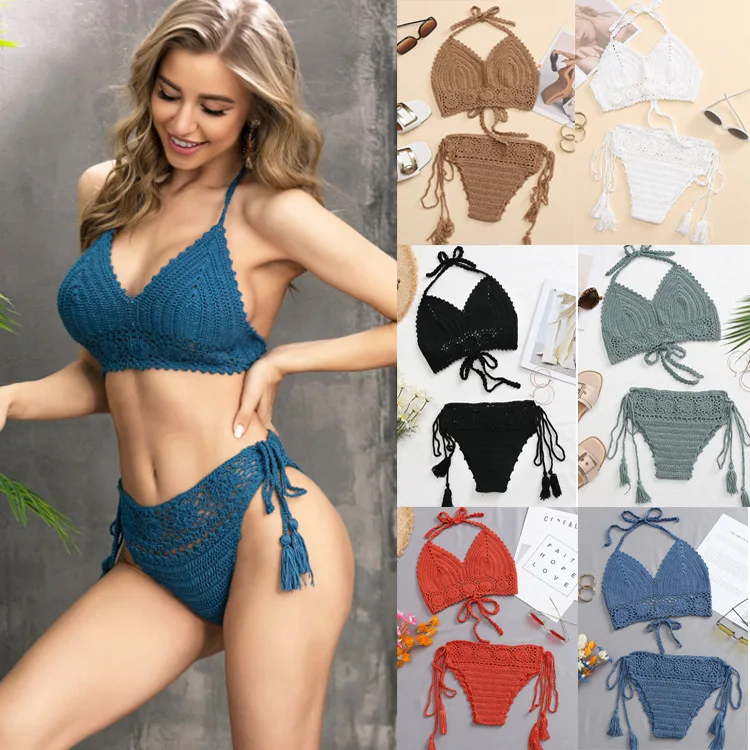 

2022 Factory Beach Travel Hand Crochet Floral Hollow Knit Lace Up Bra Sexy Backless Swimsuit Bikini Top