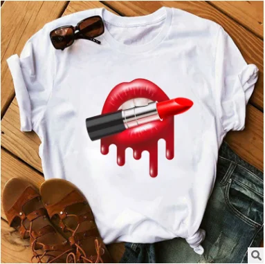 

Wholesale Summer New Arrival Lip Print Short Sleeve White T-Shirt, Customized color