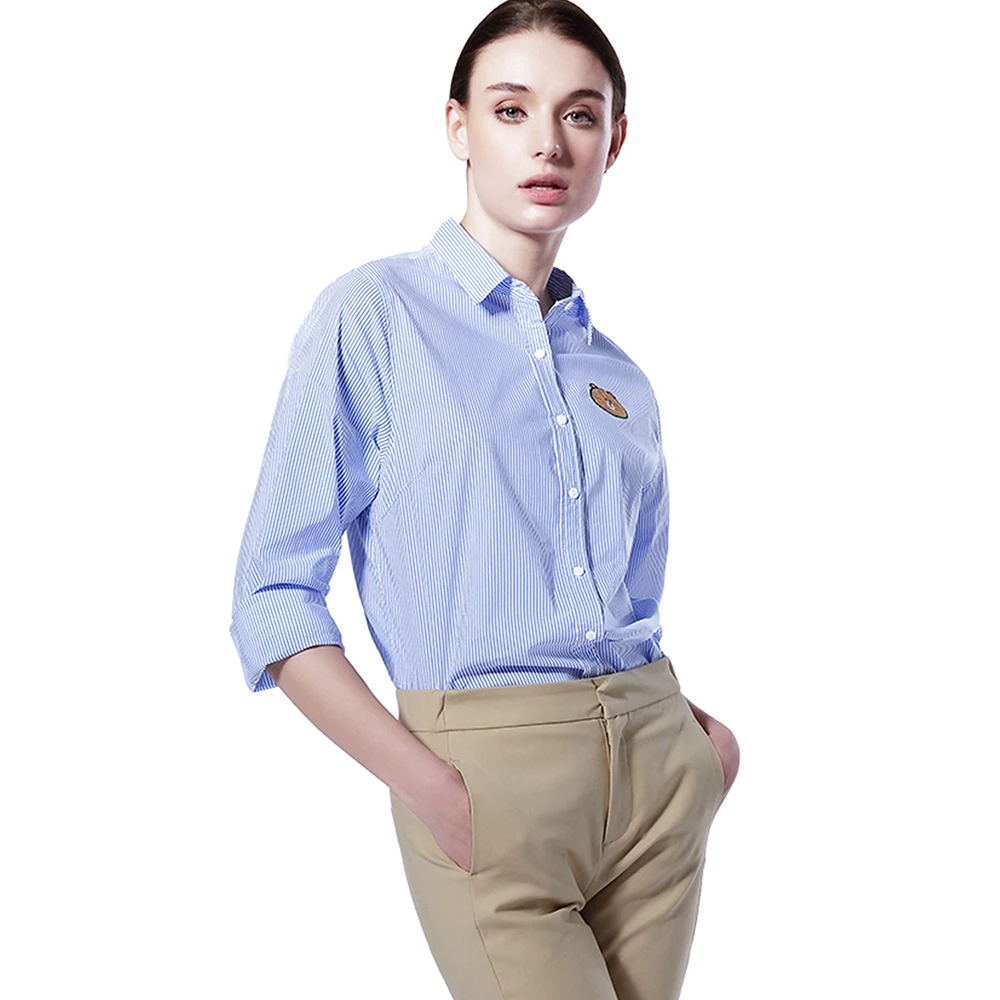 

Custom logo private label high quality blue white stripe long sleeve summer women loose collar official shirts blouses and tops