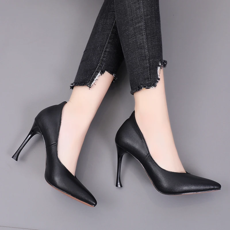 

DEleventh Shoes Woman New Style Pointy Toe Slip-On PU Leather Formal Pumps Stiletto High Heels Ladies Office Shoes Black Beige