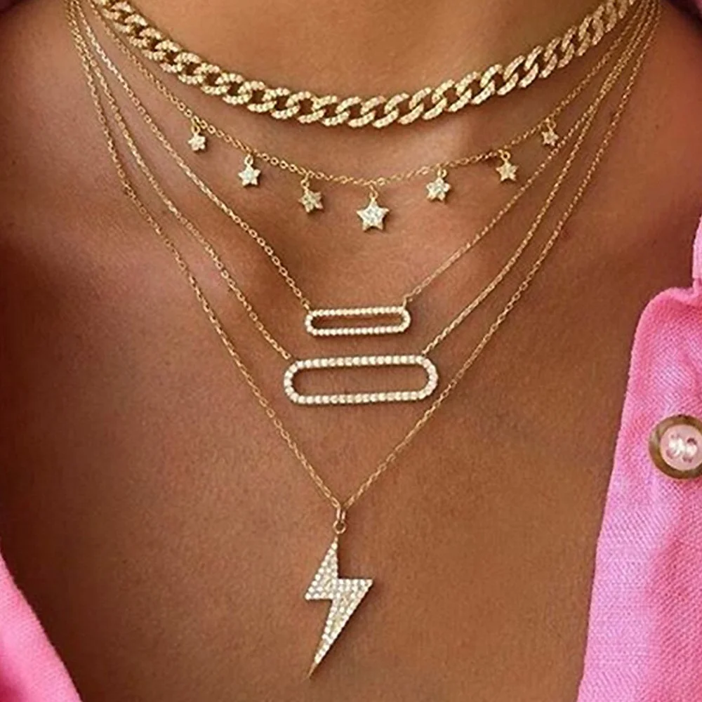 

Lost lady 2020 New Fashion Neckwear Pentagram Lightning Neckless Multilayer necklace