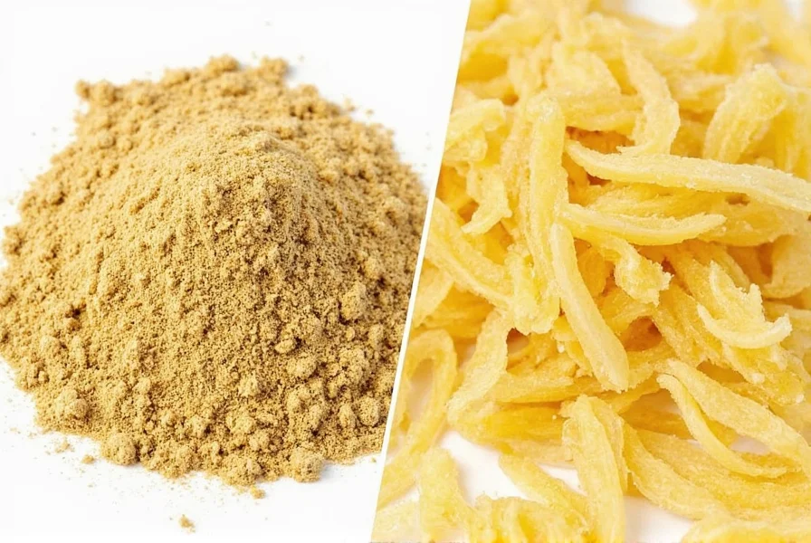 Close-up comparison of ground ginger powder versus freshly grated ginger root showing texture differences