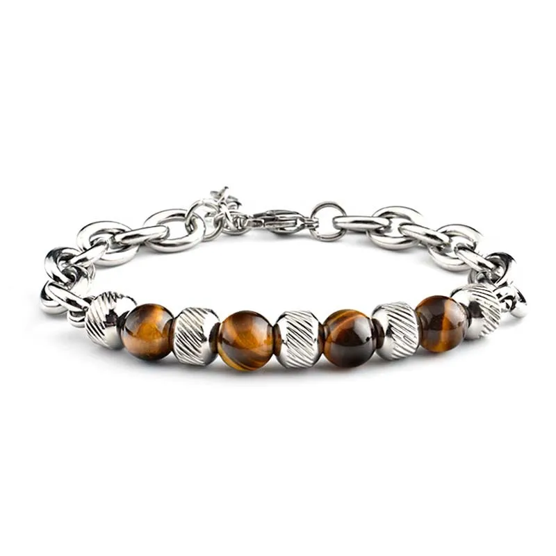 

Untarnished Stainless Steel Chunky Chain Gemstone Bead Bracelet Tiger Eye Stone Bead Stainless Steel Link Chain Bracelet