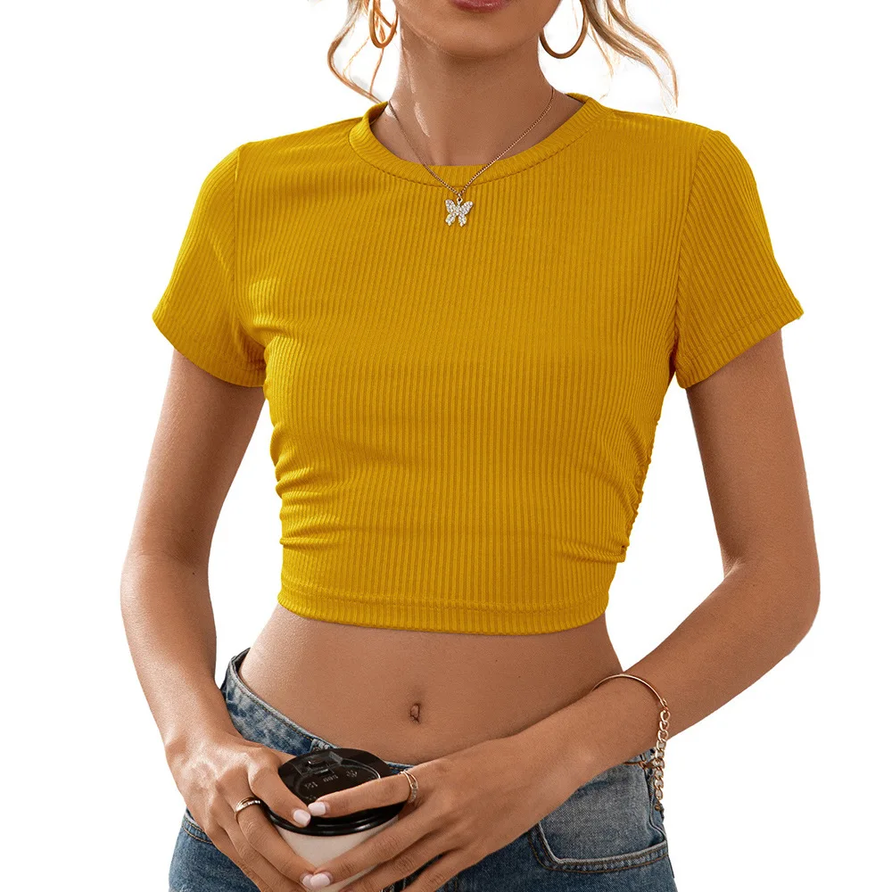

2021 Spring/Summer New Super Short Sexy Crop Back Tether Versatile Short-Sleeved T-Shirt Blouse