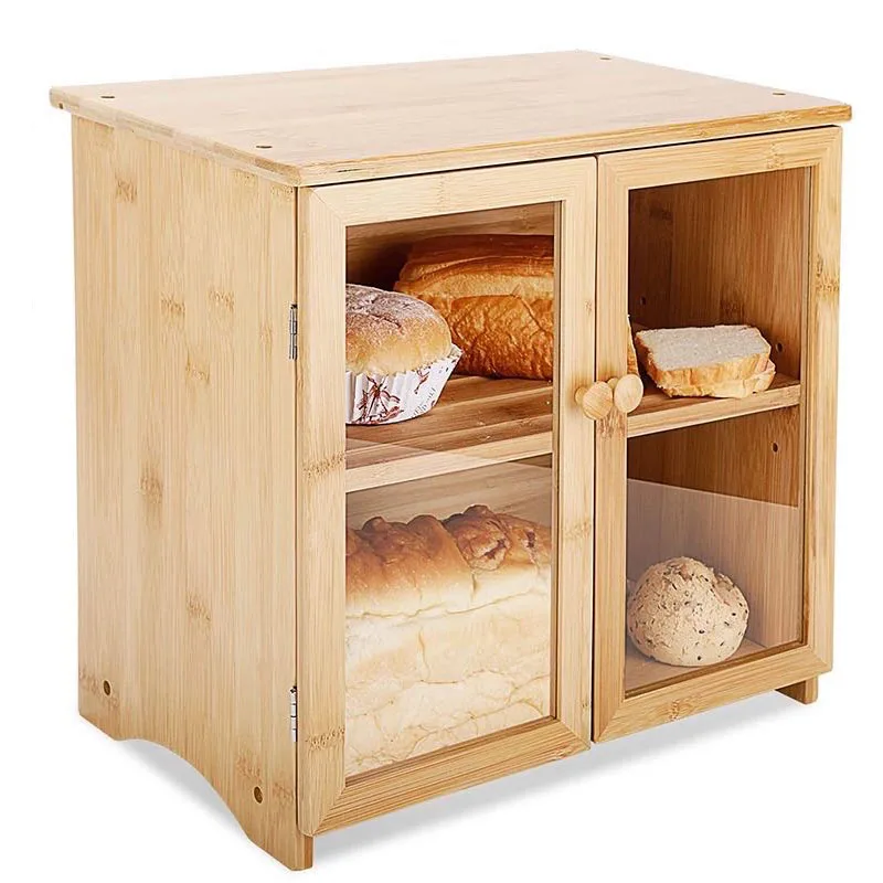 

Bamboo bread box Adjustable double storage cabinet with cutting board cover simple large capacity food storage box, Natural