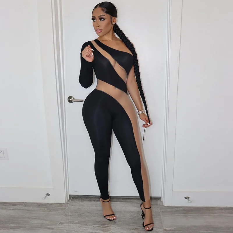 

Sexy Women's Stitching Color Fashion Bodycon One Shoulder Nude And Black Mesh Jumpsuit