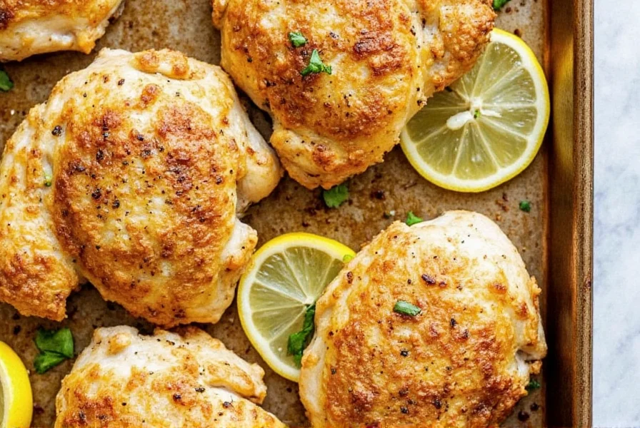 Crispy baked lemon pepper chicken thighs on baking sheet with lemon slices and fresh herbs