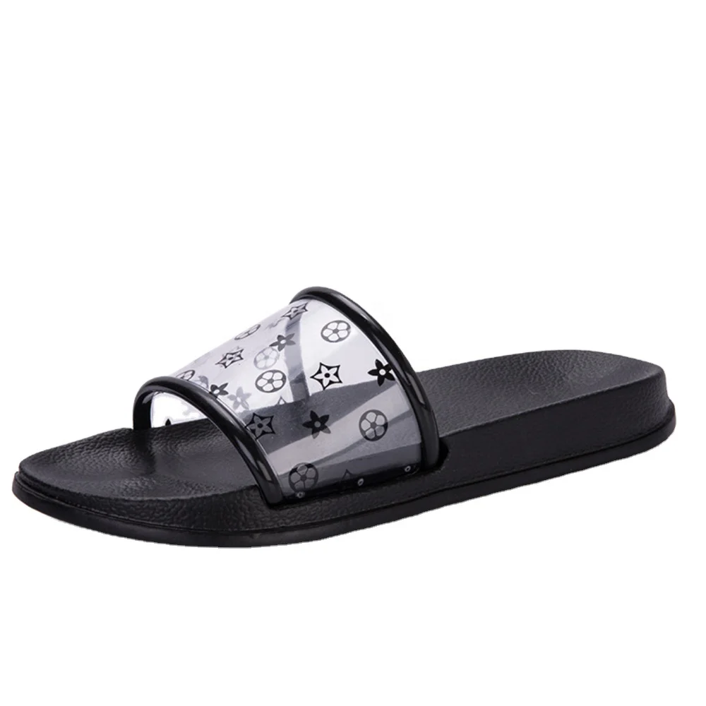 

Trendy summer classic color small print ladies sandal transparent slippers for women, Black/white/pink