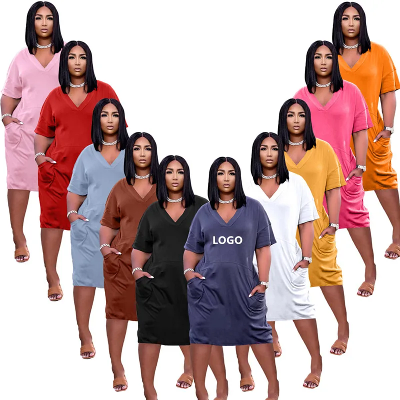 

TK6153 wholesale V neck pockets solid color loose summer dresses 2022 custom dresses women, Picture