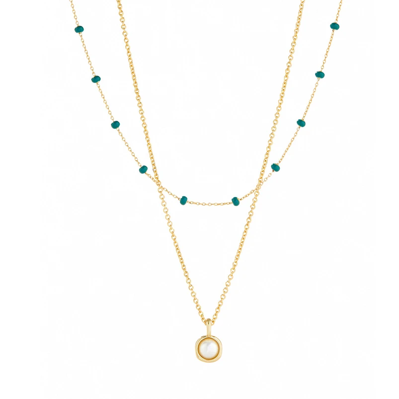 

Gemnel 18k gold enamel green black bead birthday stone pearl layered chain necklace women