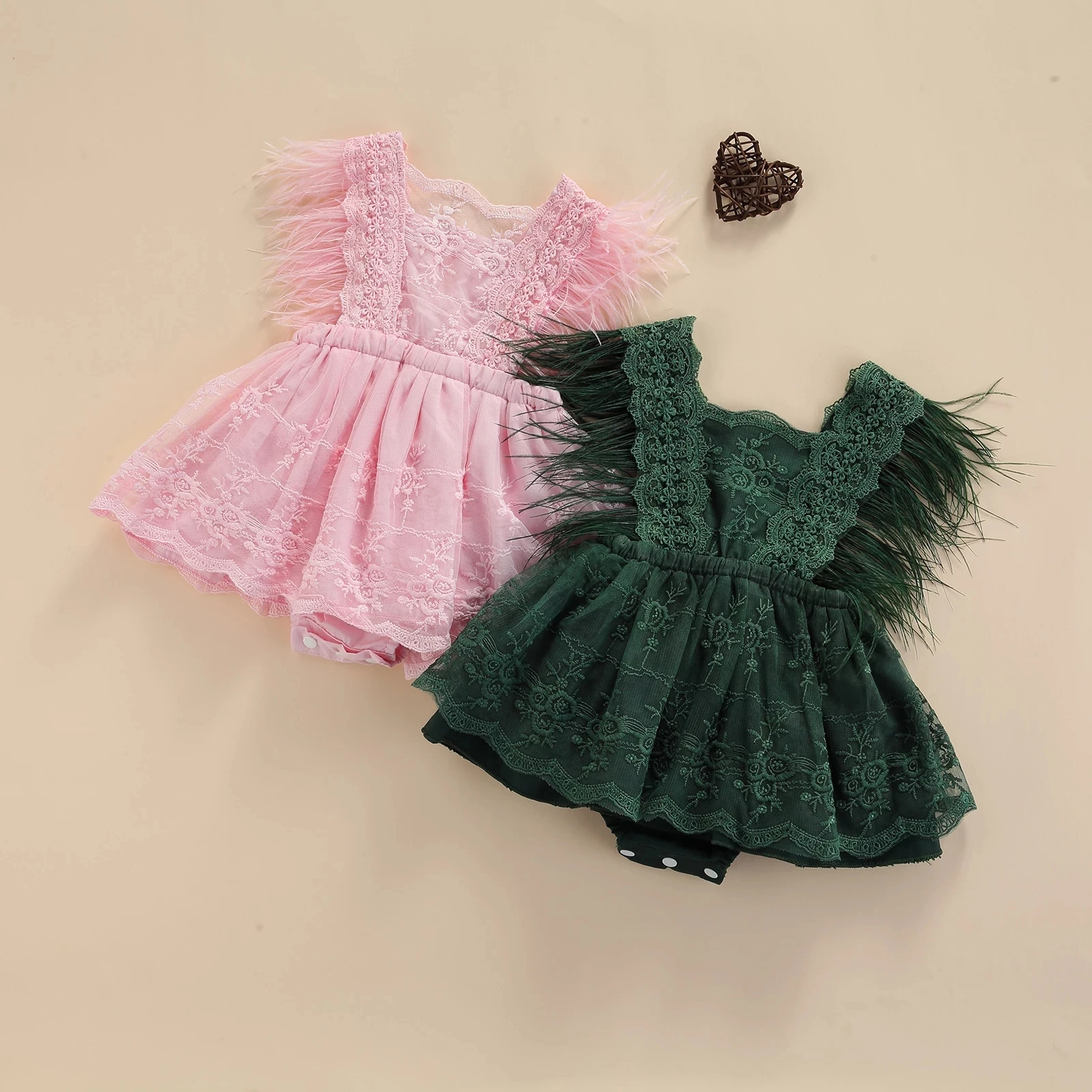 

0-24M Princess Baby Girls Romper Dress Feather Sleeve Lace Flowers Backless Summer Jumpsuits 2 Colors, As picture