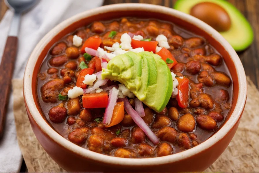 Finished bowl of spicy mexican bean chili with traditional toppings