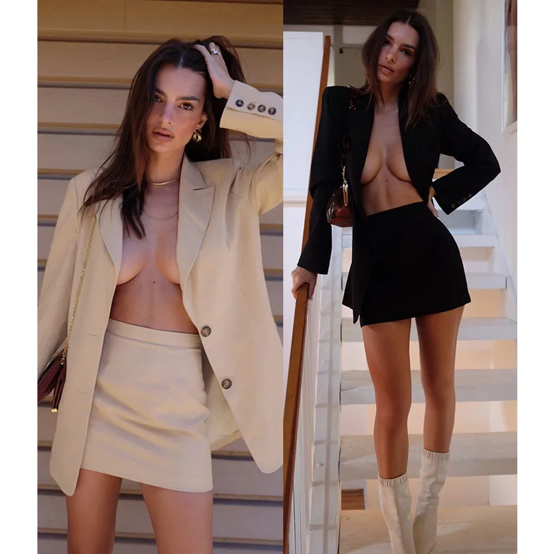 

Free Shipping Fashion Clothing Mini Skirt Two-piece Sets Ladies Long Sleeves Blazer Suits, Customized color