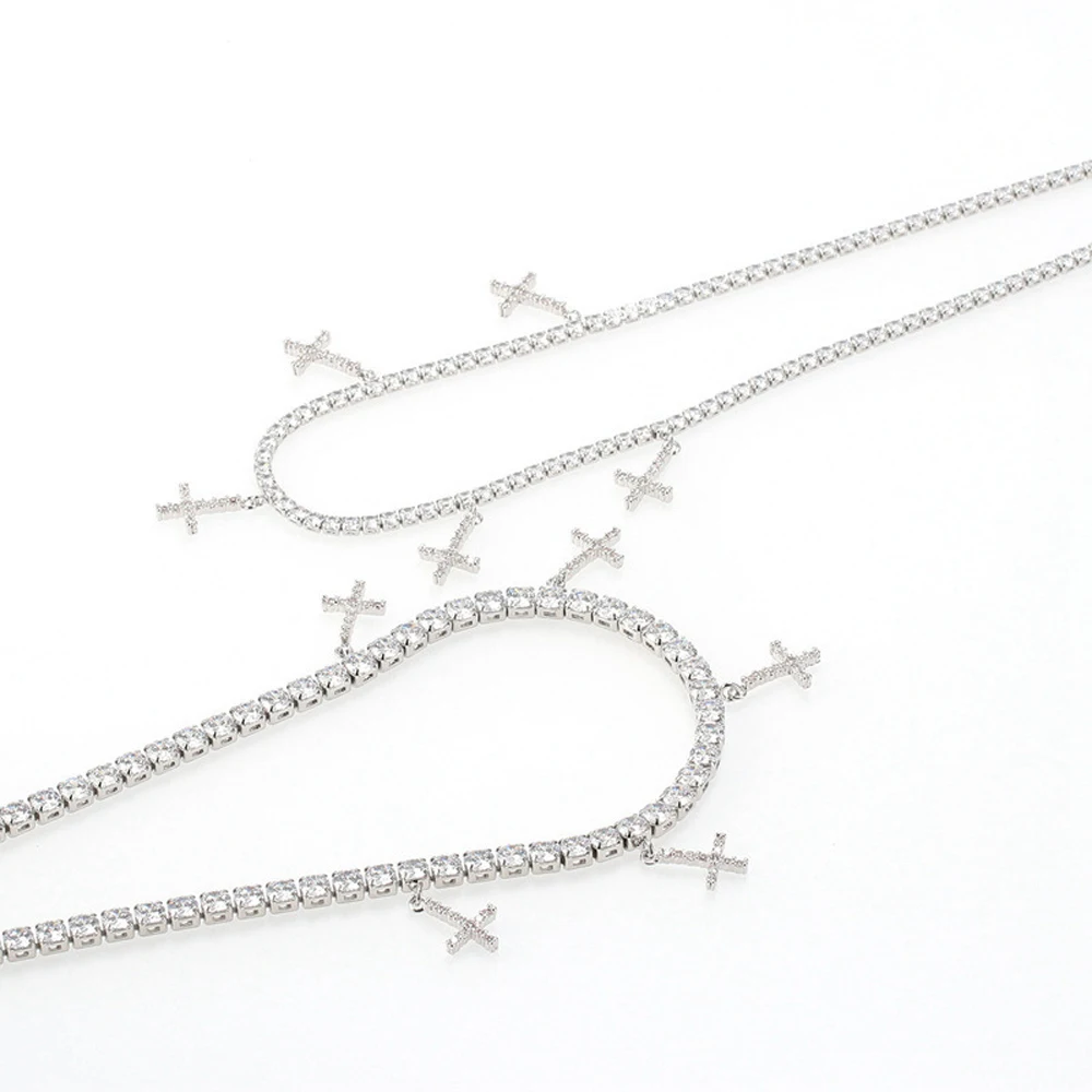 

Hip Hop Gift for Girls 3mm 5mm Silver Plated Cross Pendant Zircon Tennis Chain Necklace