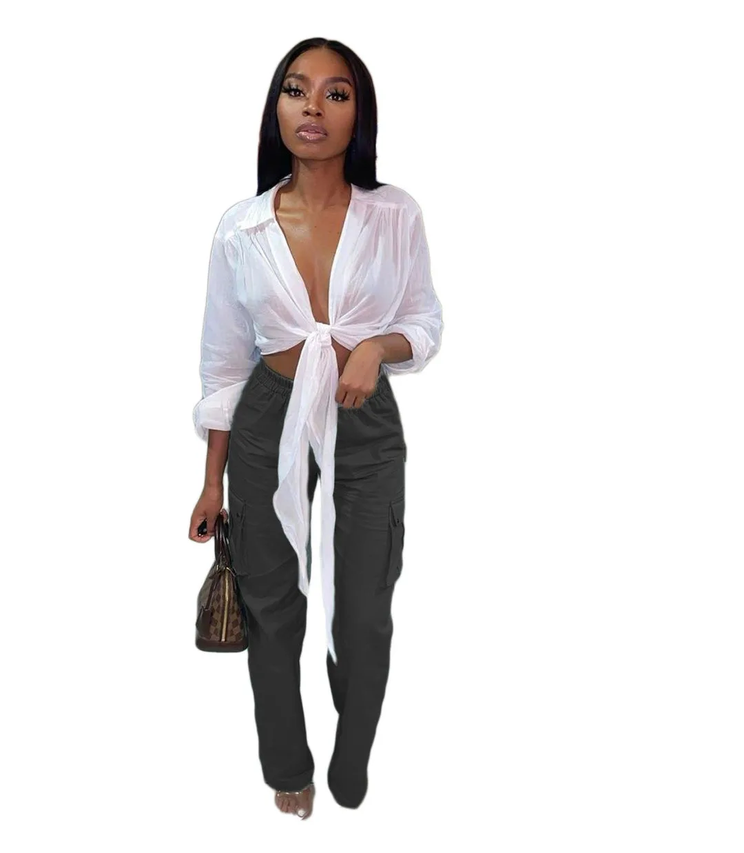 

Solid Long Sleeve Lapel Lace Up Sexy Front Tie Shirt Blouse