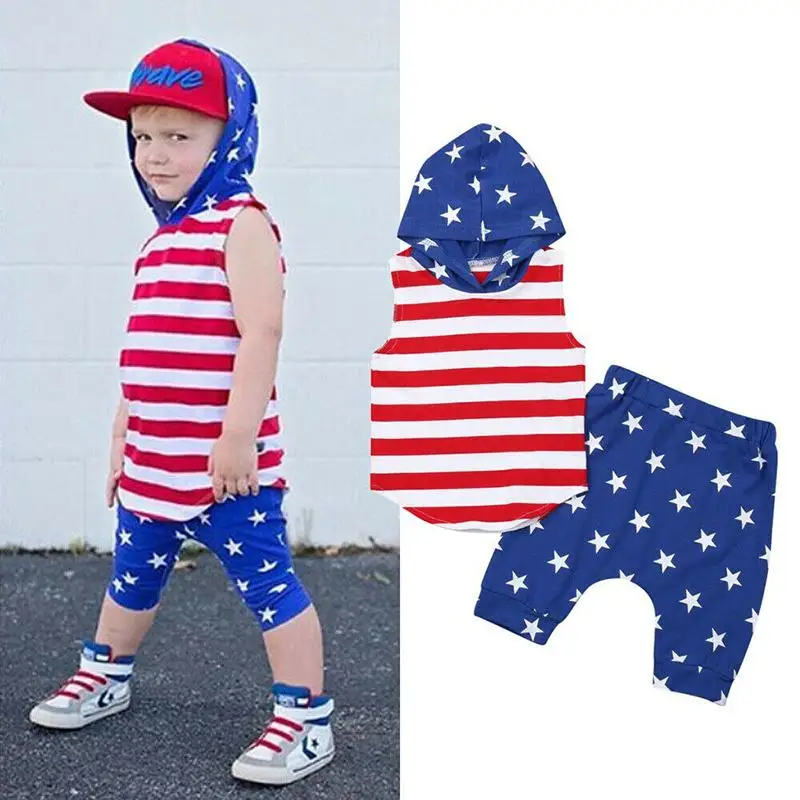 

Independence Day Children's Clothing European and American Boys Striped Star Vest Hooded T-shirt Shorts Two-piece Children's Set