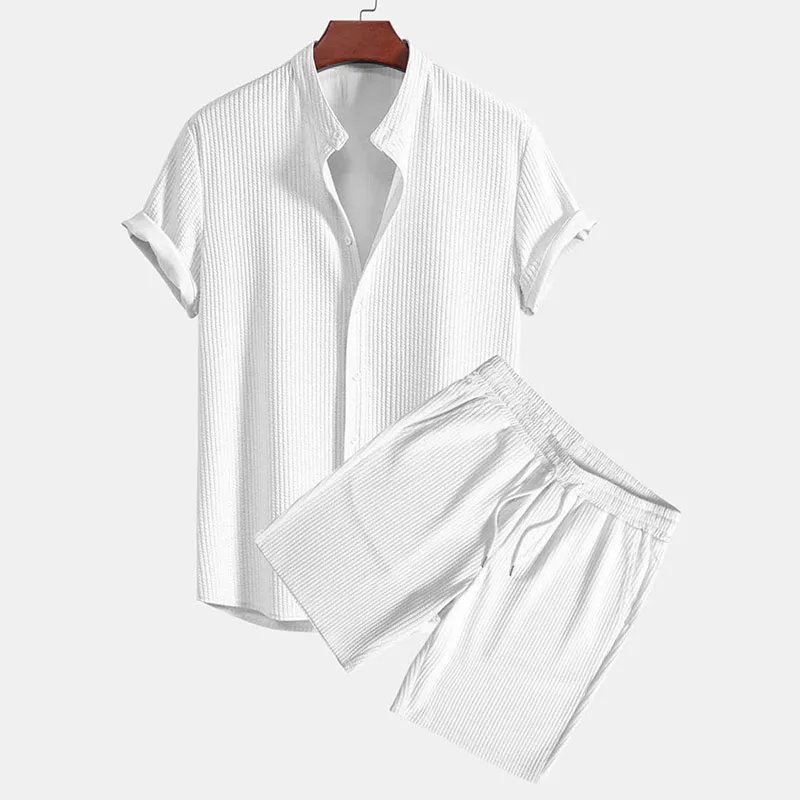RNSHANGER Men Casual Solid Stripe Breathable Two Piece Set Short Sleeve Shirts Shorts Suits Summer Streetwear Outfits