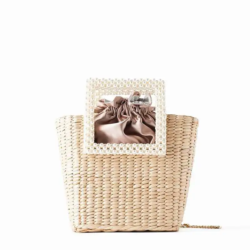 

Summer New INS Hot Selling Pearl Straw Bag Fashion Pearl Handbag Beach Holiday Wind Pearl Handle Basket Bag, Customizable